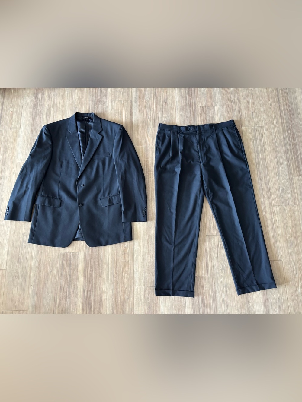 Jos A Bank Suit Jacket Pants Set Black Wool Mens Size 46L Trousers 42X32 Classic